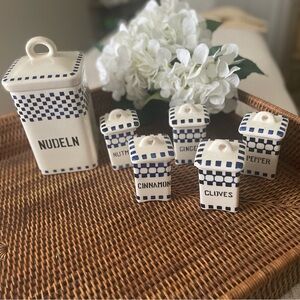 Vintage Blue And White German Canister & 5 Spice Jars